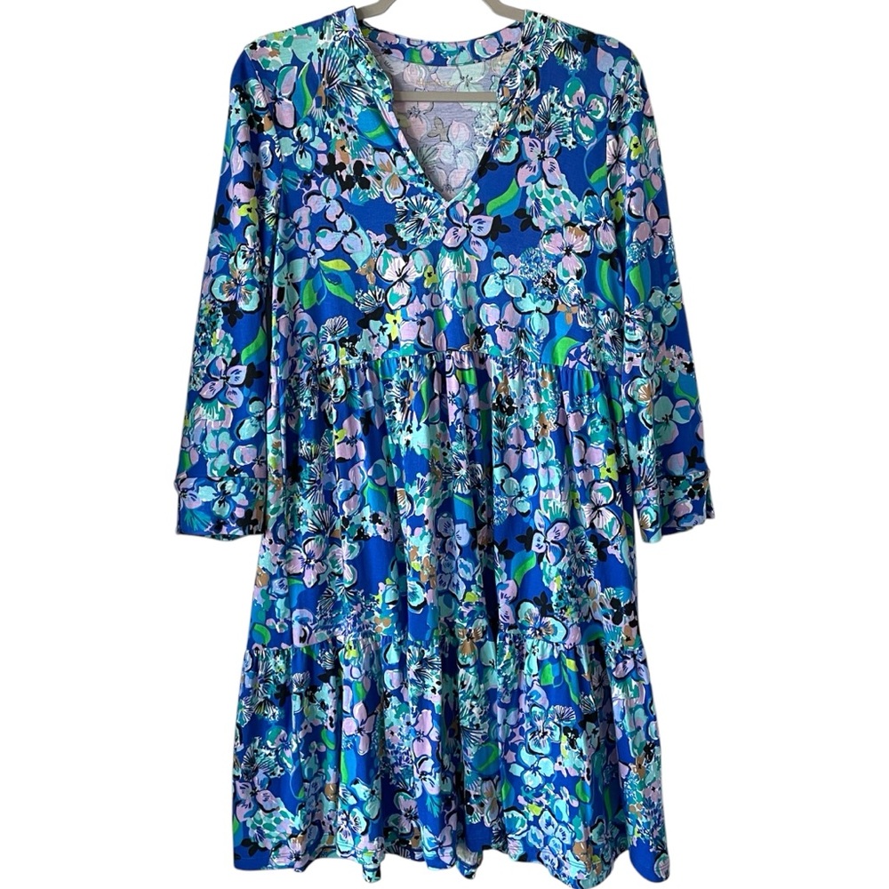 đź’™Lilly Pulitzer Alaina 3/4 Sleeve Tiered Swing Dress Blue Grotto Twilight Tropic - Picture 13 of 15